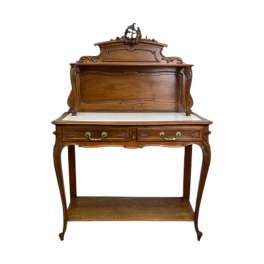 Vintage Walnut Elevated Buffet With Marble Top In The Louis XV Style
