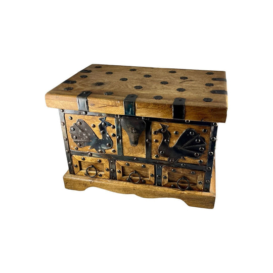 Vintage wooden tin bird steam trunk treasure chest drawers INDIA 1960's