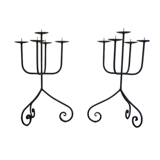 Vintage Wrought Iron Candelabra Pair Sculptural 5 Arm Candle Stands