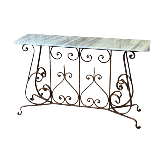 Vintage Wrought Iron Console Table with White Marble Top