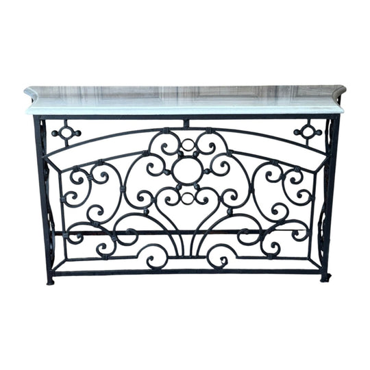 Vintage Wrought Iron Console Table with White Marble Top