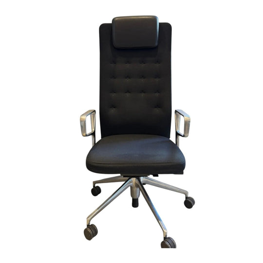 Vitra ID Trim L Office Chairs — Black Fabric with Tufted Back, Black Leather Headrest, Polished Aluminium Armrests