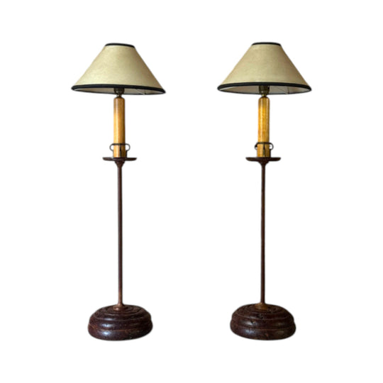 Pair of Vintage Turned Burl Table Lamps with Parchment Shades