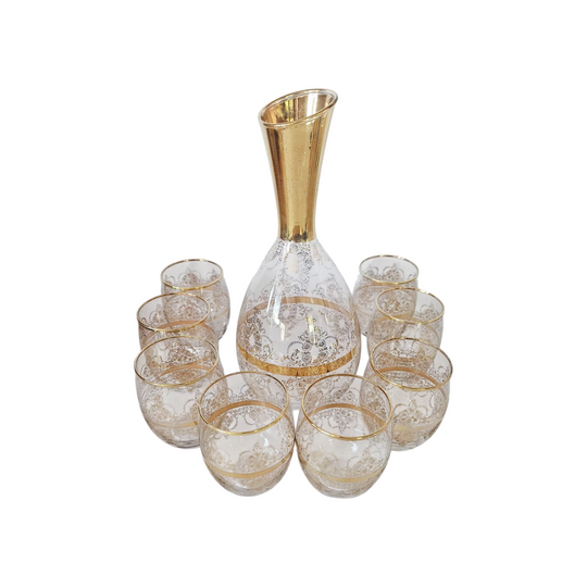 Vintage Vecchia MURANO Decanter & 8 matching glasses 22 Karat Gold leaf
