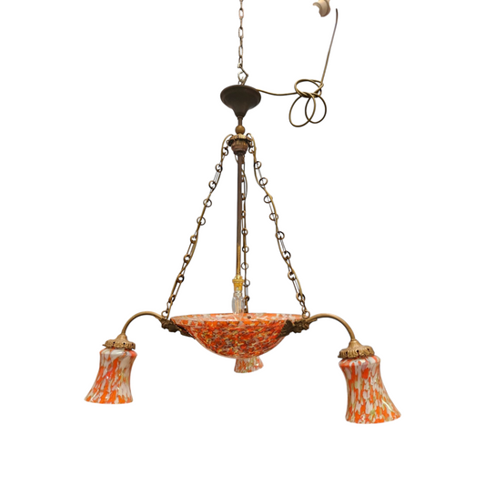 French Art Deco Molten Glass & Brass Chandelier