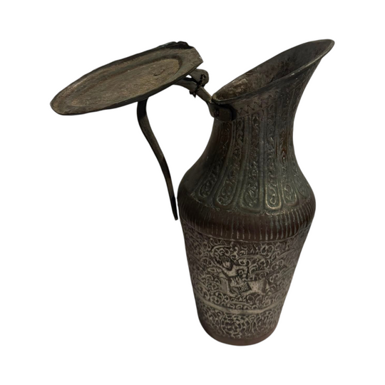Vintage Persian Style Engraved Tinned Copper Ewer Pitcher with Hinged Lid