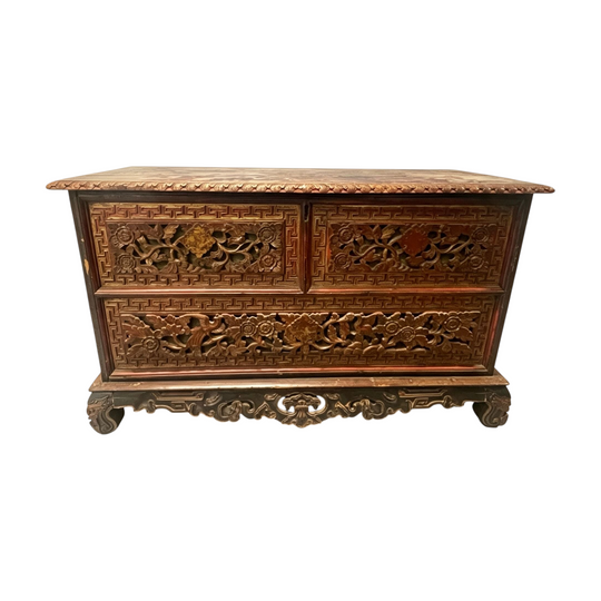 Asian Madurese Antique Heavy Carved Wooden Blanket Storage Trunk Chest