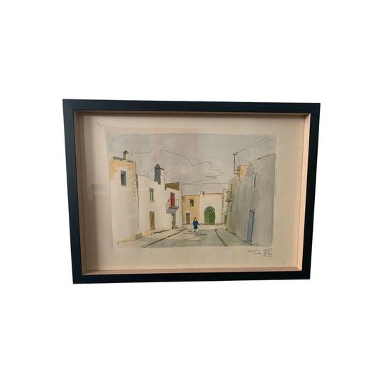 Watercolour Italian village street scene by Italian artist Aldo Riso (b.1927 - d.2008)