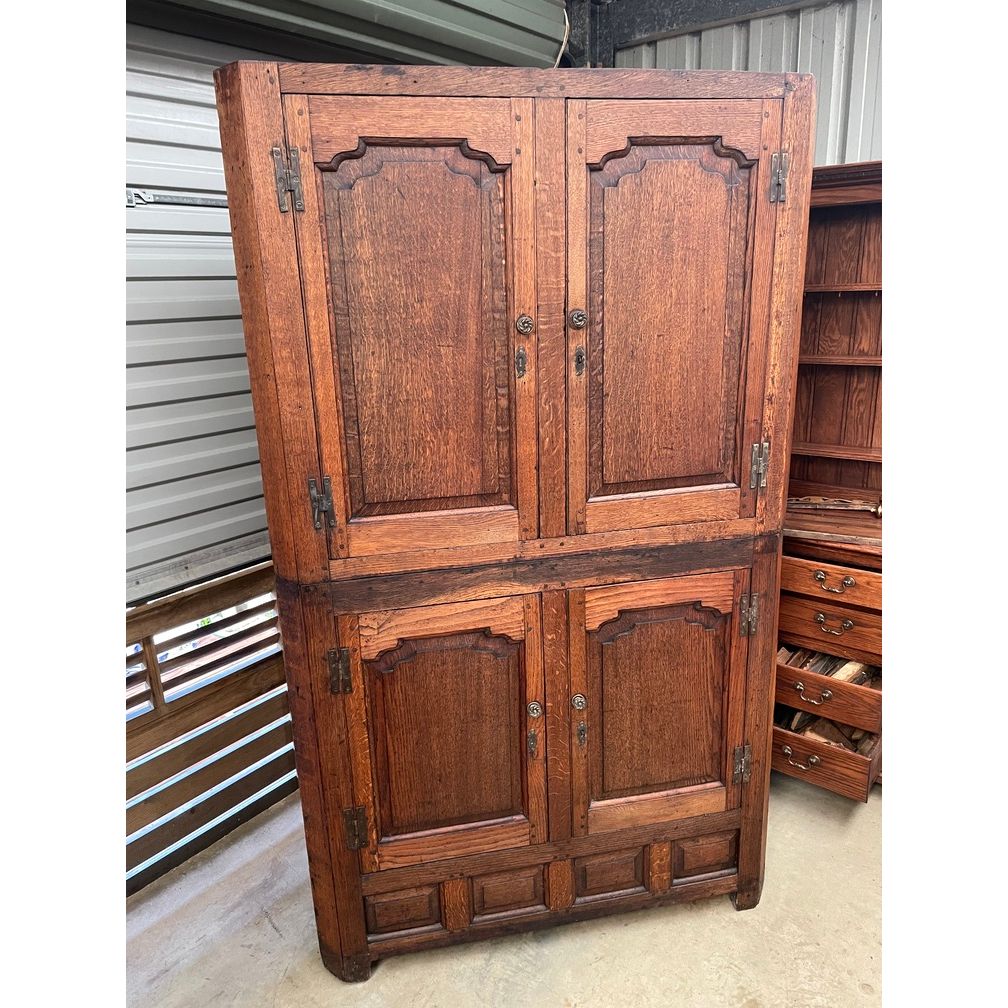 Welsh Oak Corner Cabinet, c. 1760 — Two-Part, Hand-Hewn, Arched Fielded Panel Doors | Bazaa | Designer, Vintage and Antique Furniture