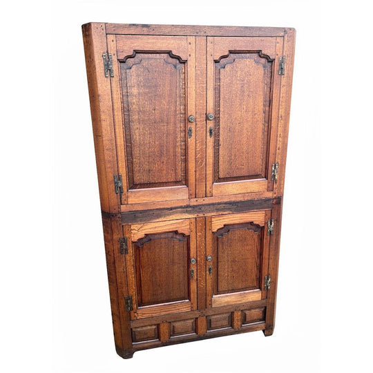 Welsh Oak Corner Cabinet, c. 1760 — Two-Part, Hand-Hewn, Arched Fielded Panel Doors