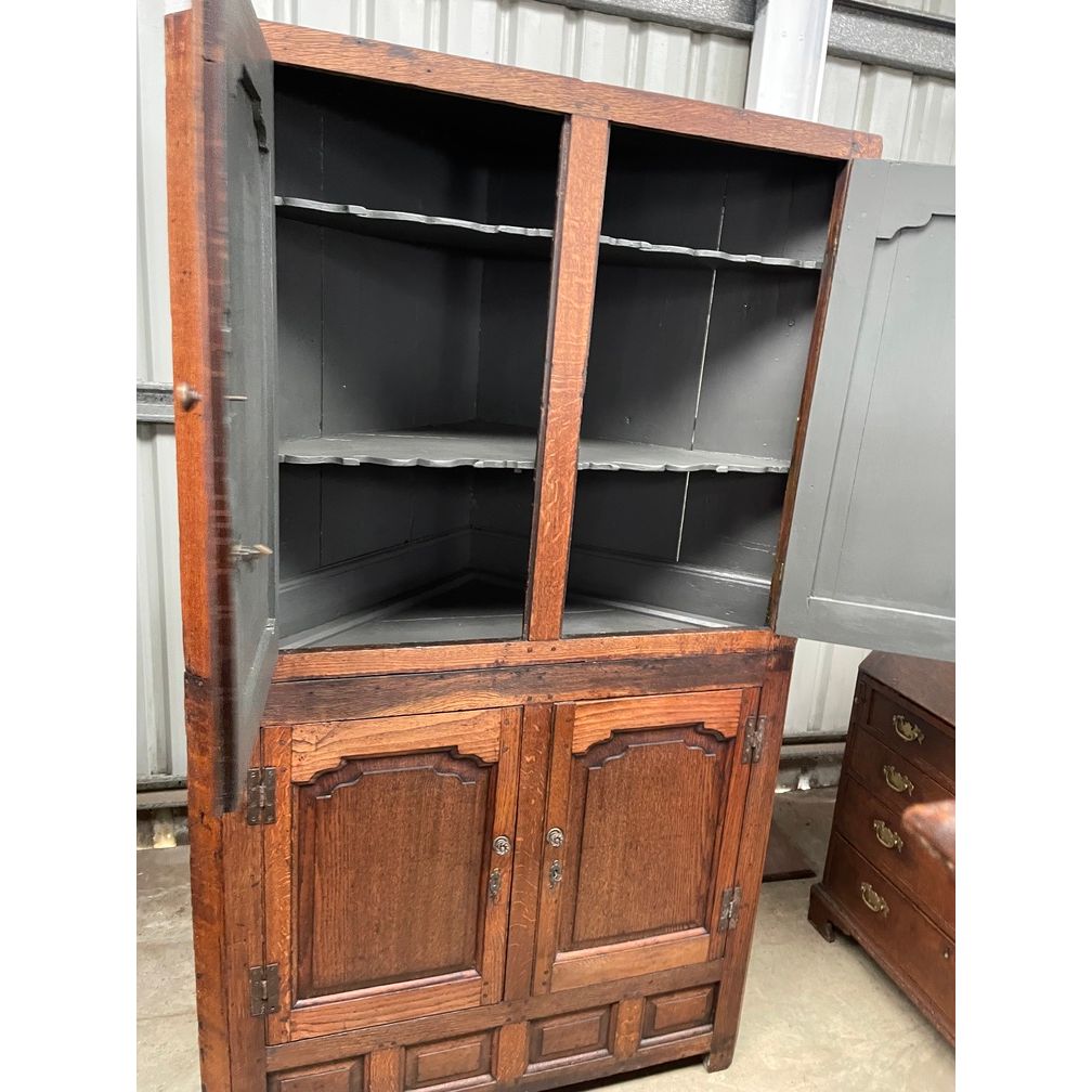 Welsh Oak Corner Cabinet, c. 1760 — Two-Part, Hand-Hewn, Arched Fielded Panel Doors | Bazaa | Designer, Vintage and Antique Furniture