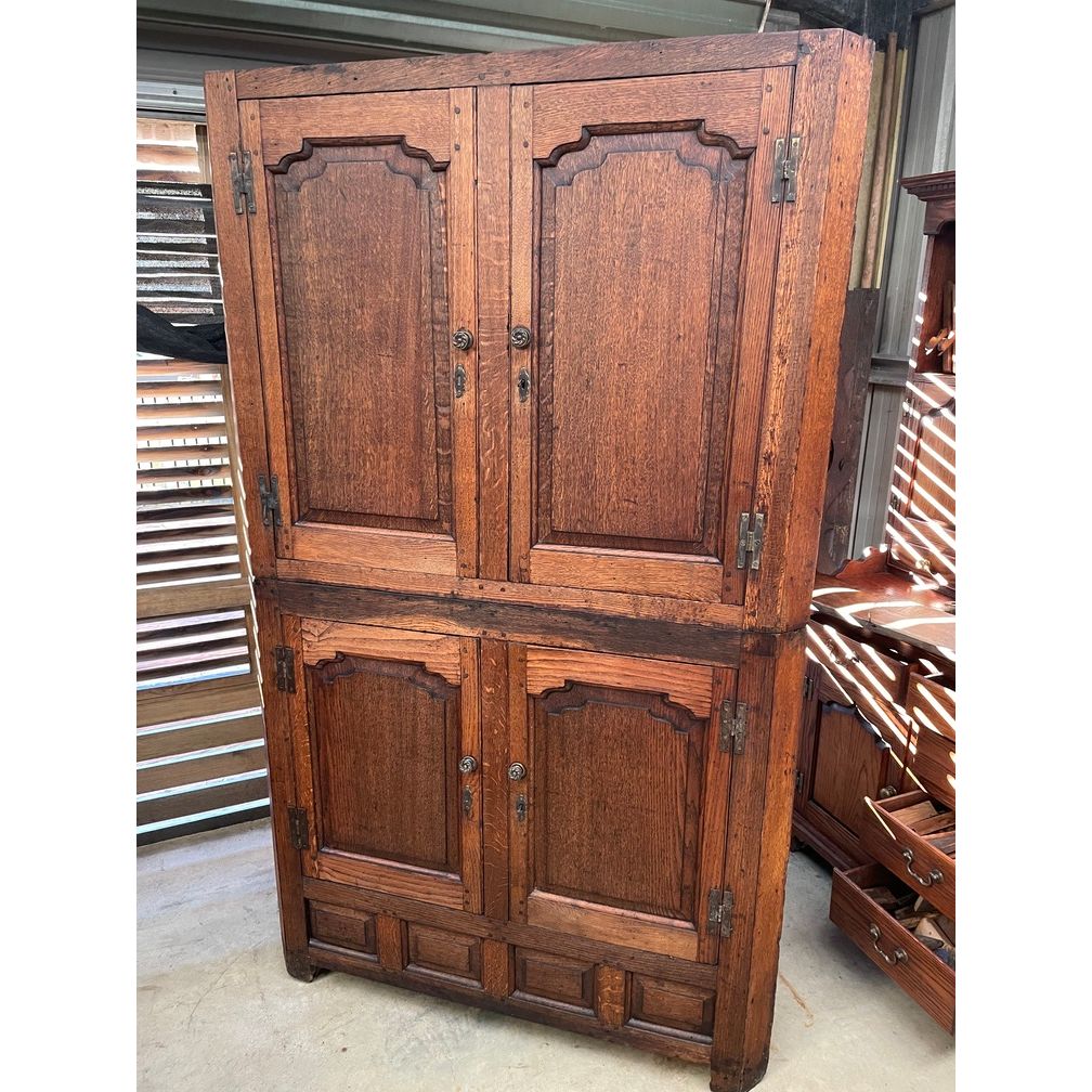 Welsh Oak Corner Cabinet, c. 1760 — Two-Part, Hand-Hewn, Arched Fielded Panel Doors | Bazaa | Designer, Vintage and Antique Furniture