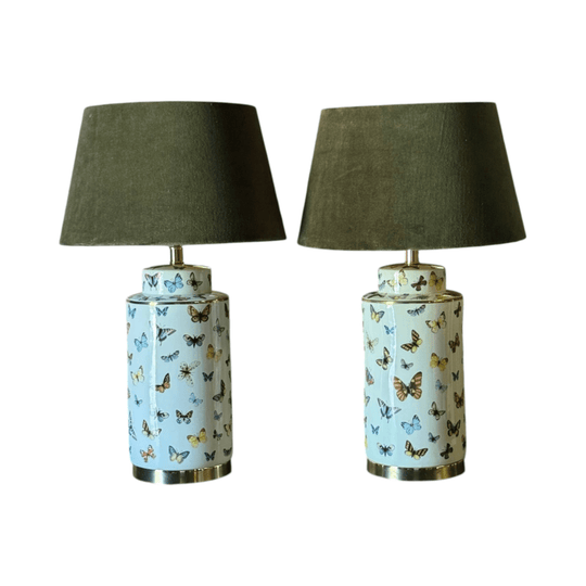 White Ceramic Butterfly Table Lamp with Olive Velvet Drum Shade