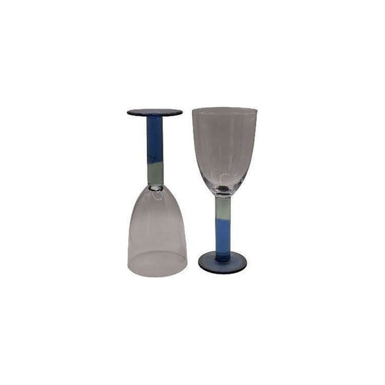 Wine goblets with two toned stem. Blue and green stem wine glasses. Set of 6