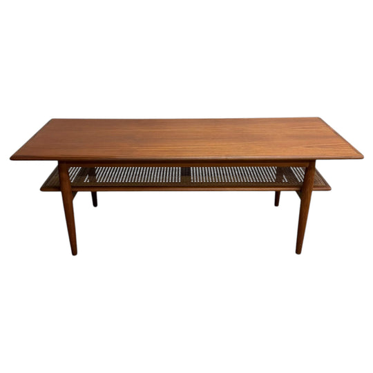 Mid-Century Parker Teak Coffee Table with Rattan Magazine Shelf, Model 138