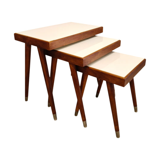 Restored MCM Retro Nest Tables with White Glass top