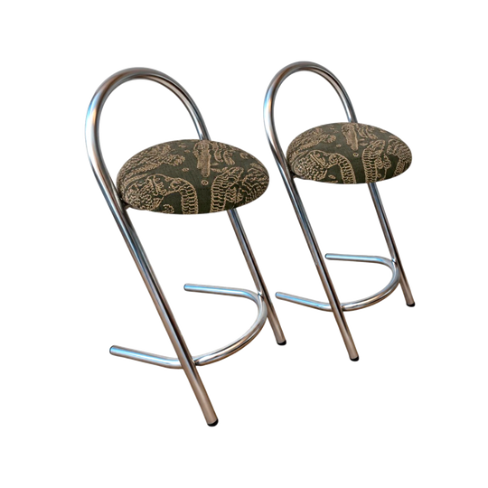 Vintage Chrome Bar Stools – Custom Dedar Milano Upholstery | Set of 4