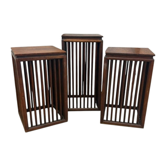Wooden Slat Pedestal Stands Set of Three MCM Style Display Plinths Brown
