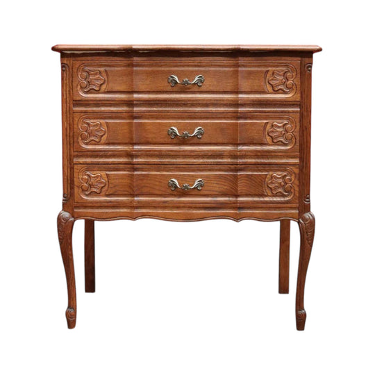 Vintage French chest of drawers with shaped front and brass handles. B12823