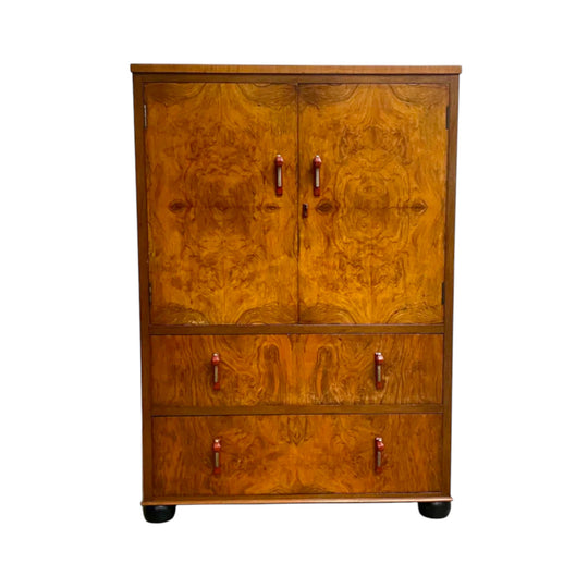 Art Deco Burr Walnut Veneer Tall Boy Linen Cabinet C1930's*