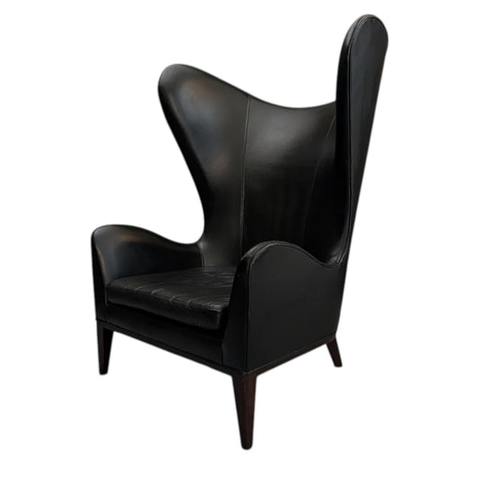 Pair of Vintage Black Leather Wingback Chairs