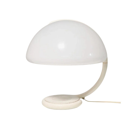 1980s Italian-Influenced Mushroom Table Lamp, Serpentine Arm, Opaline Plastic Shade