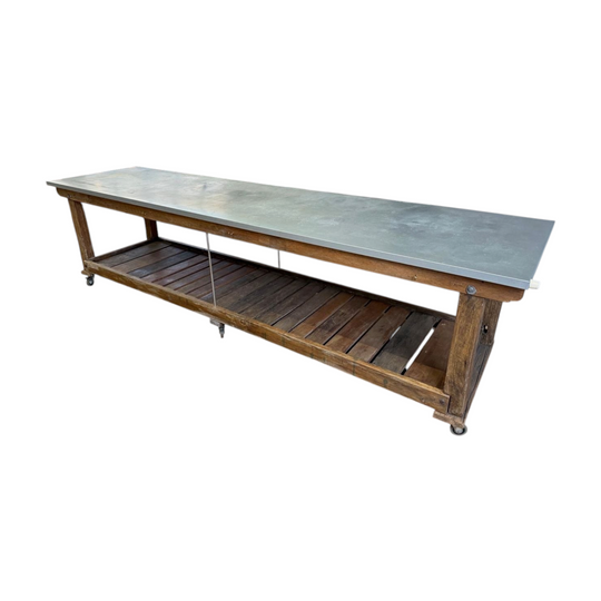 Large Industrial Work Bench/Trolley with Zinc table top