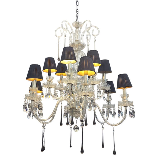 Glass Chandelier with ornate branches, smokey feature drops and black lamp shades