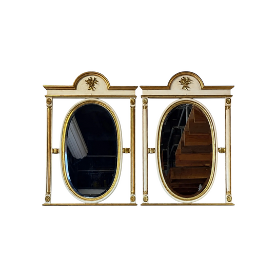 Vintage Near Pair of Louis XVI Style Painted and Gilt Overmantel Mirrors in Antique Ivory, Oval Plates with Carved Grape Pediment