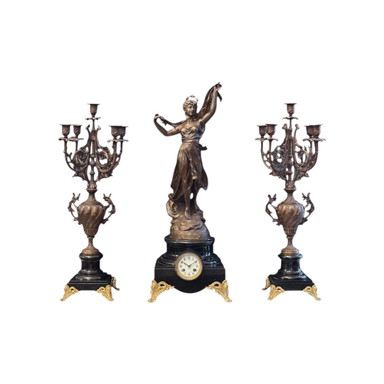 French spelter and marble clock garniture set "Nebuleuse" by Bruchon c.1890