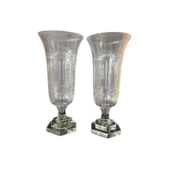 A pair of cut glass hurricane vases "Abacus" 31cm