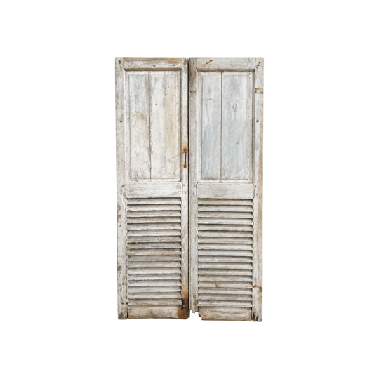 Vintage French weathered grey timber shutters with original hardware from Provence