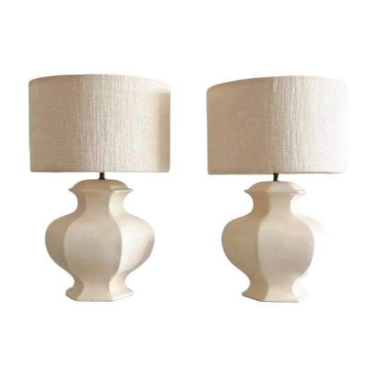 Pair of Faceted Ceramic Table Lamps, Late 20th Century, Cream with Linen Shades