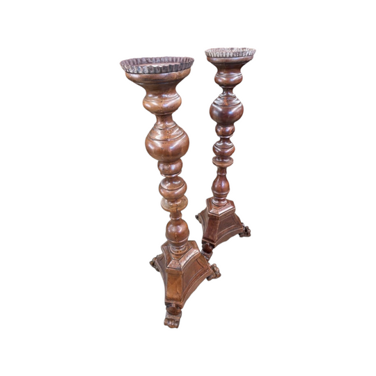 Pair of Mid-20th Century Italian walnut Pricket floor standing Candlesticks