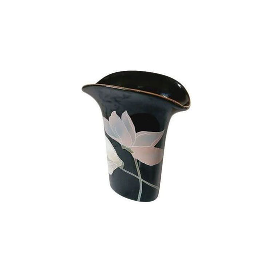 Yamaji Japanese Hand Painted Black Floral Design Porcelain Vase