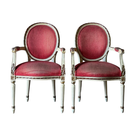 Vintage Pair of French Louis XVI Painted Fauteuils with Red & Gold Upholstery
