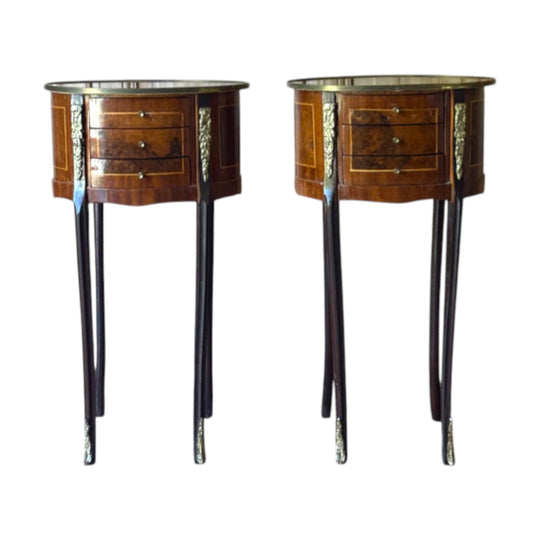 Vintage Pair of Empire Style Round Bedside Tables with Brass Gallery Tops
