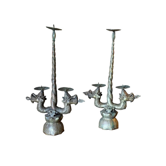 Pair of Chinese Brass Three-Arm Prickets