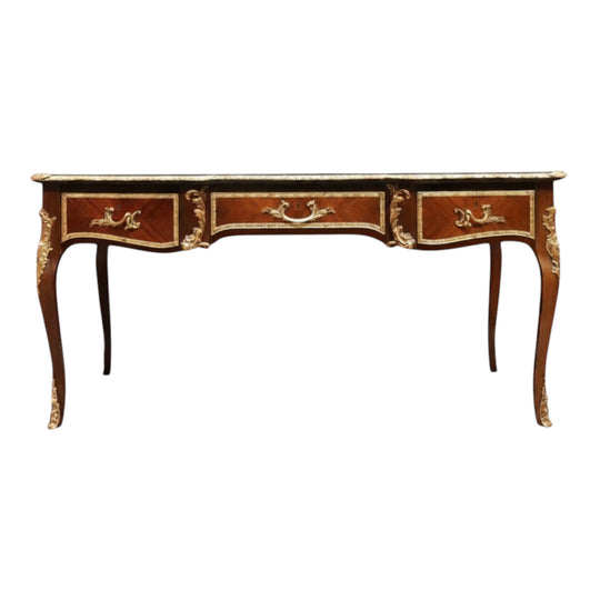 Louis XV Style French Bureau Plat Writing Desk with Ormolu Mounts and Glass Top. B13038