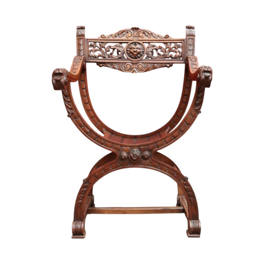 Antique French Curule Savonarola Monk Chair with Carved Lion Masks. B12925