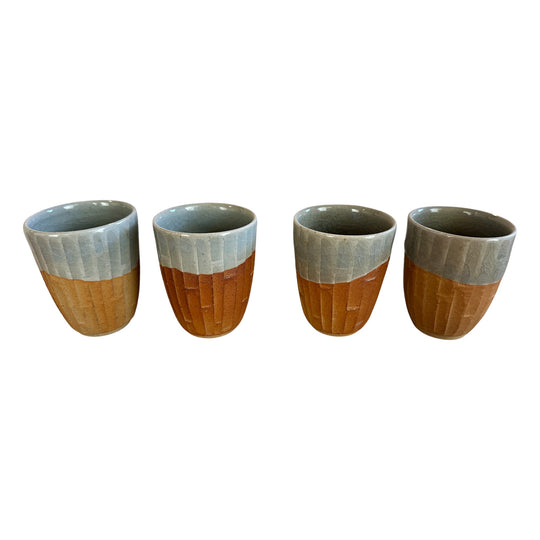 Set of 4 Vintage Japanese Yunomi Tea Cups – Carved Stoneware with Celadon Glaze & Potter’s Seal