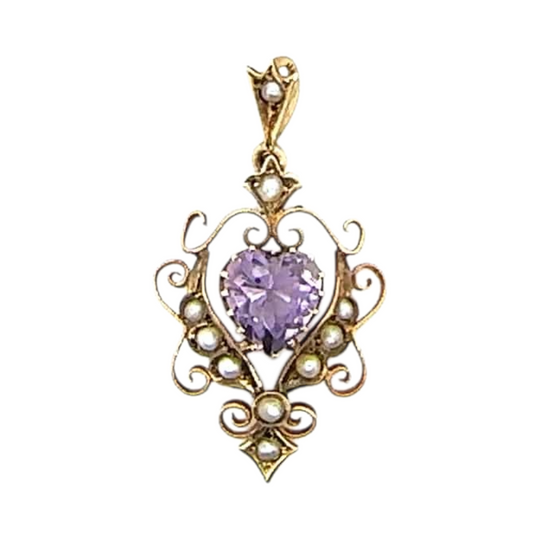 19th century 15ct rose gold pendant with amethyst and seed pearls