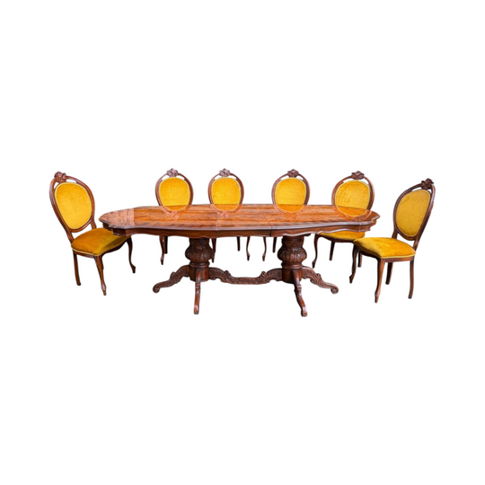 Baroque-style walnut extendable dining table & 6 chairs set