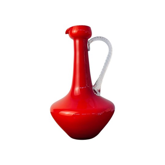 Vintage Empoli Red Art Glass Jug | Hand Blown Italian Cased Glass Decanter, Twisted Handle