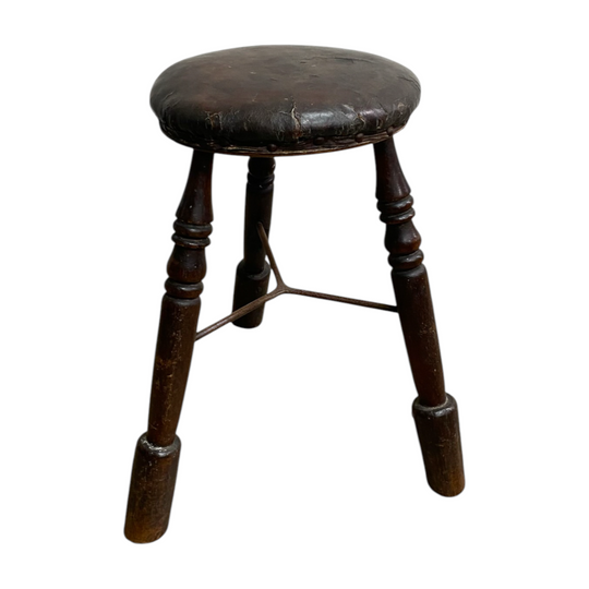 Antique Tri Footed Wooden Stool With Leather Upholstery