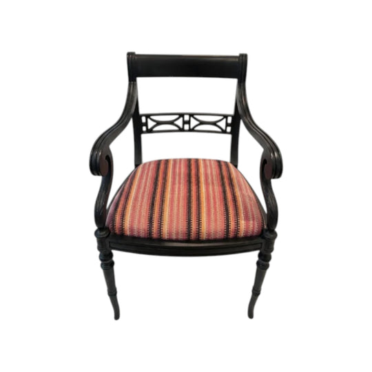 Regency Style Black Painted Armchair with Bespoke Striped Upholstery