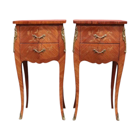 Pair of Vintage French Bedside Tables with Marquetry Inlay and Pull Out Slides. B12799