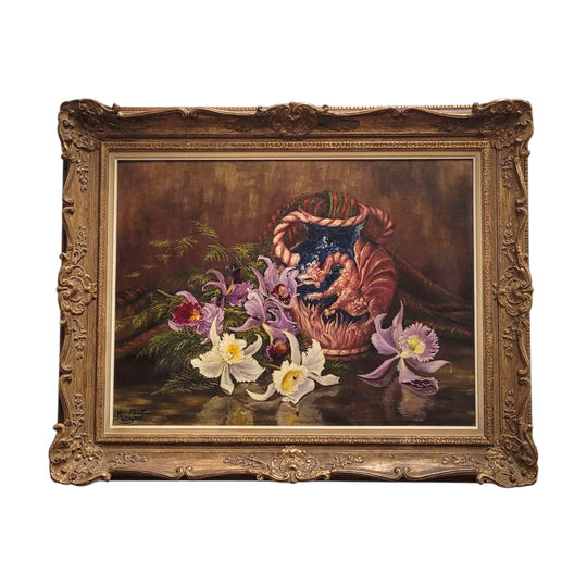 Stunning Oil On Canvas Still Life Flower & Vase Painting